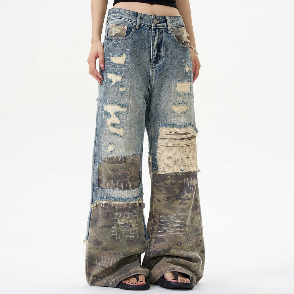 Camo Distressed Flare Denim