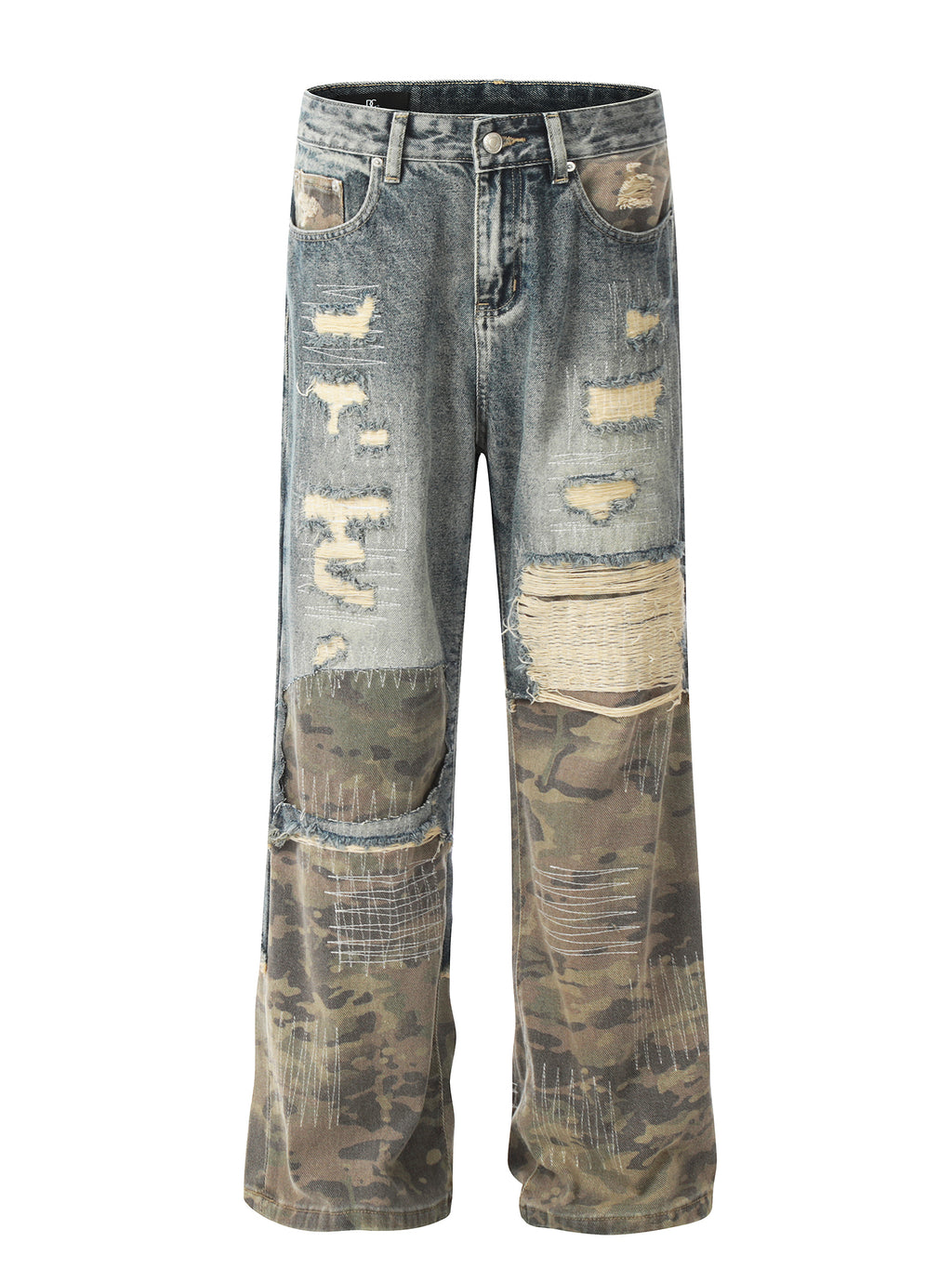 Camo Distressed Flare Denim