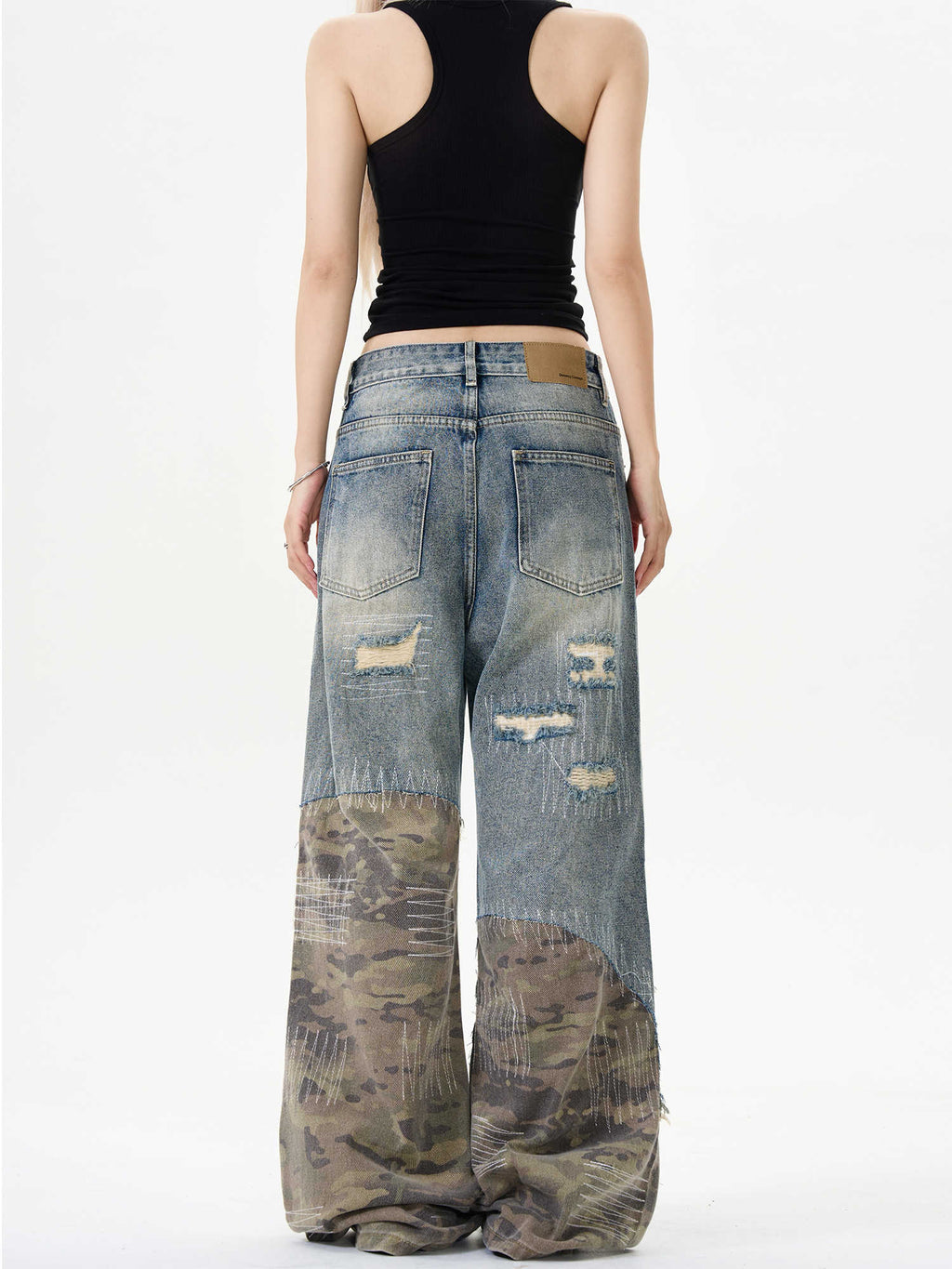 Camo Distressed Flare Denim