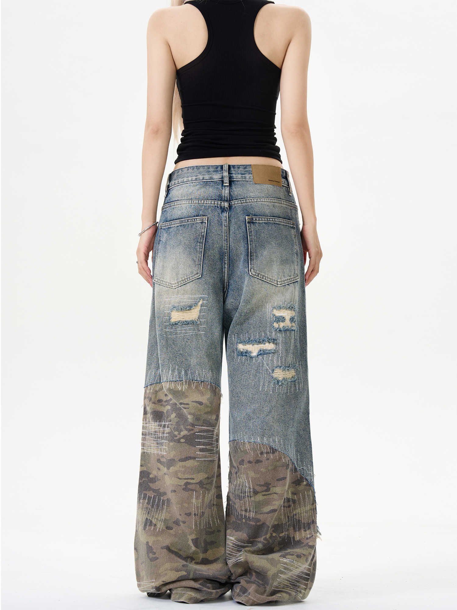 Camo Distressed Flare Denim