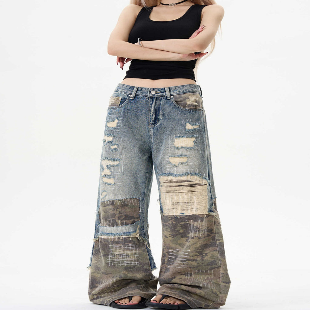 Camo Distressed Flare Denim