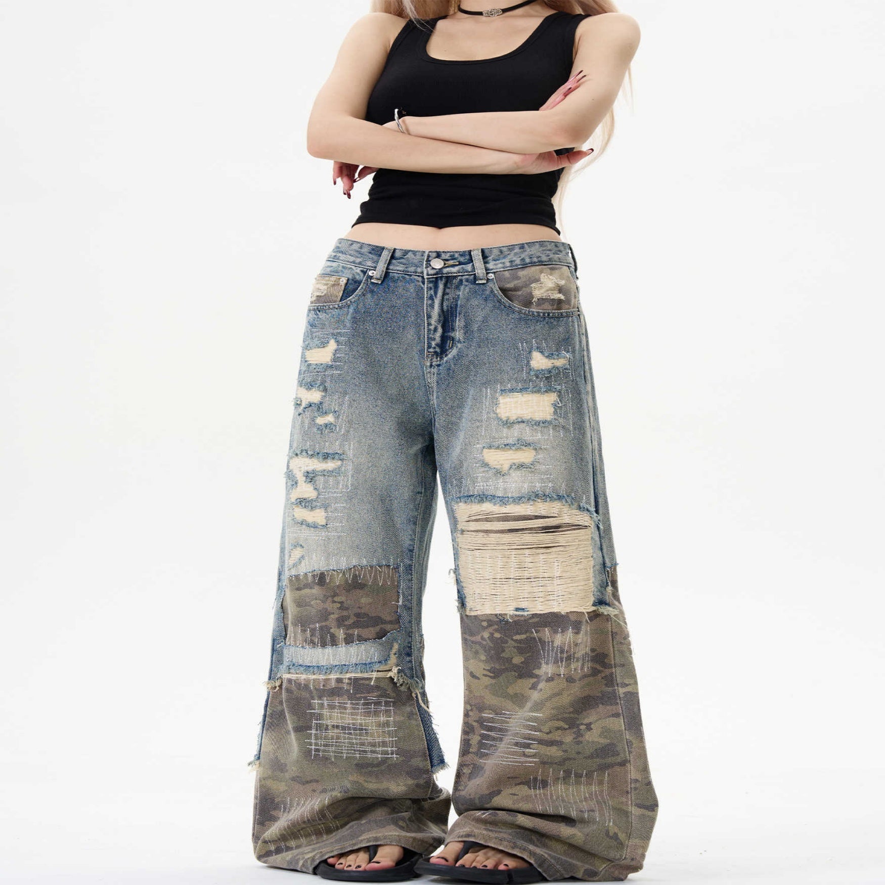 Camo Distressed Flare Denim